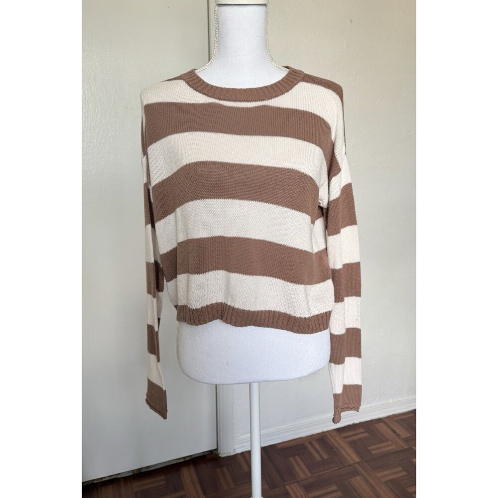 Z Supply Women's Brown & Cream Striped Kind Sleeves Relaxed Fit Knit Top Size XS